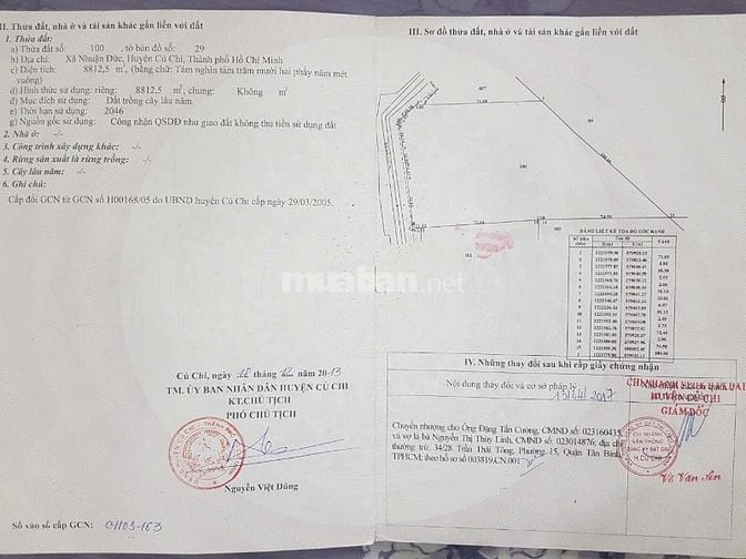 BÁN ĐẤT XÃ NHUẬN ĐỨC-DT 8812M CÓ 300M THỔ CƯ
