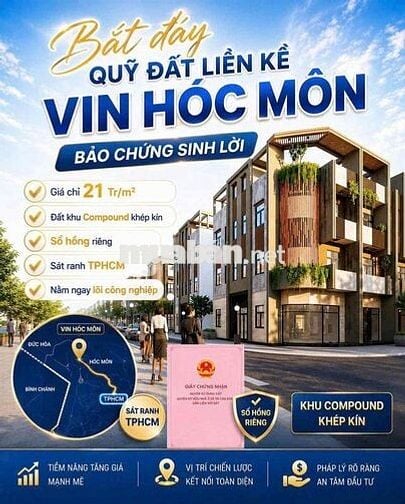 Đất Nền Luền Kề Vinhomes Hóc Môn Giá 1,350 tỷ,SHR, Công Chứng Ngay
