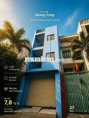 HXH 597 Quang Trung P11 4x15 CN 61m2 4L gần chợ Hanh Thông Tây 7,8tỷTL