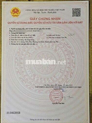 BÁN NỀN THỔ CƯ- DT RẤT RỘNG - NẰM CÁCH ST VINCOM HÙNG VƯƠNG - 60M