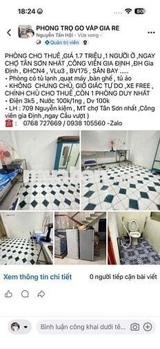 PHÒNG CHO THUÊ ,1 NGƯỜI Ở ,NGAY CHỢ TÂN SƠN NHẤT ,CÔNG
