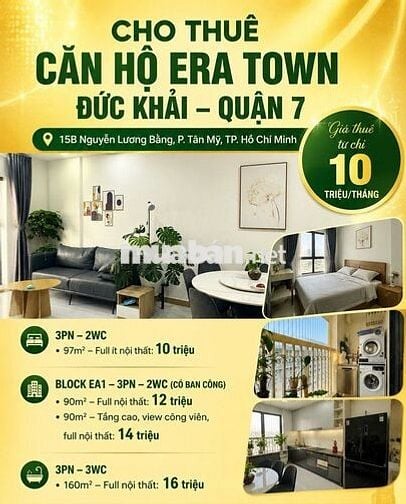 CHO THUÊ CĂN HỘ 3PN ERA TOWN ĐỨC KHẢI