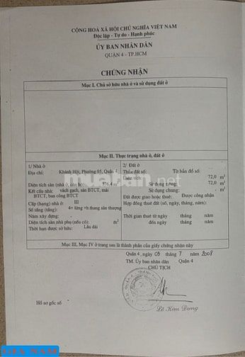 BÁN NHÀ MẶT TIỀN KINH DOANH : 274 KHÁNH HỘI - P. 5 - Q. 4 - TPHCM