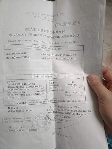 Chính chủ Bán nhà 75/57 Lý Thánh Tông, Hiệp Tân, Q Tân Phú,