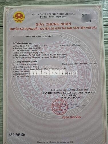 (8880) khu dân cư Việt Sing. Thang máy 40,3 m² sổ hồng: 950 triệu