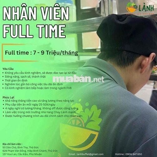 Tuyển phụ bếp không cần kinh nghiệm, Part/Fulltime