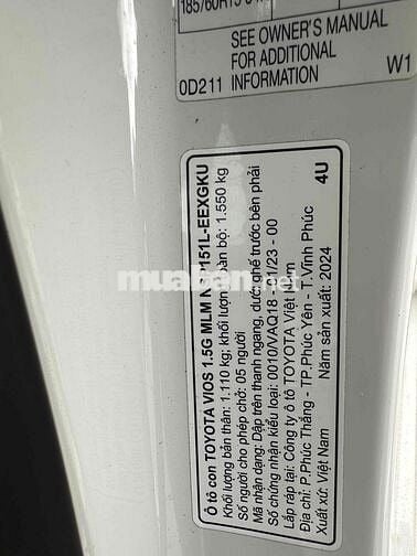 Toyota Vios G 2024 Số tự động Trắng 67,000 km