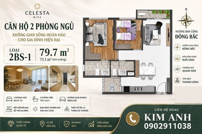 bán căn hộ 2PN2WC - 5,8 tỷ - HTCB - Celesta Rise