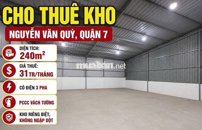 Cho thuê kho Nguyễn Văn Quỳ, 240m² – kho riêng biệt – điện 3 pha