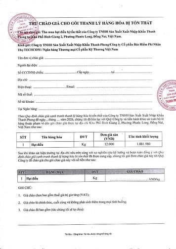 CHÀO GIÁ CẠNH TRANH THANH LÝ HÀNG HÓA BỊ TỔN THẤT