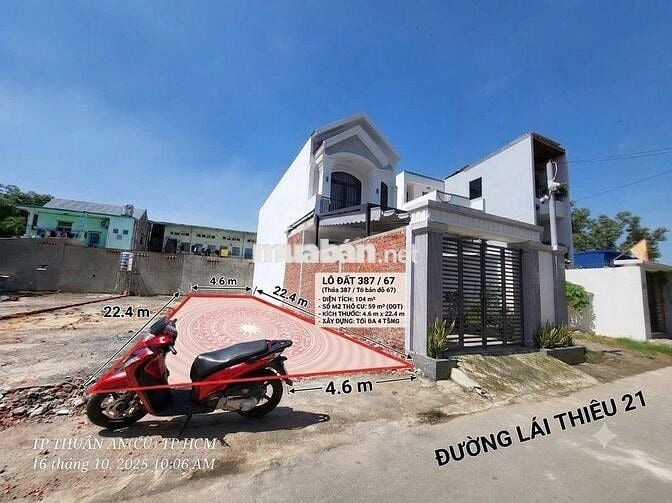 CHỦ CẦN BÁN GẤP LÔ ĐẤT VÀNG LÁI THIÊU - 104 m² - 1 TỶ XXX - ĐÃ RA SỔ
