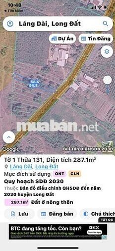 Bán đất Láng Dài, Đất Đỏ, 287 m2 (100 thổ cư) đường nhựa NN, 680 triệu