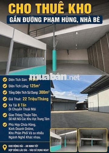 Cho thuê kho gần đường Phạm Hùng, 300m² sử dụng – xe tải 8 tấn