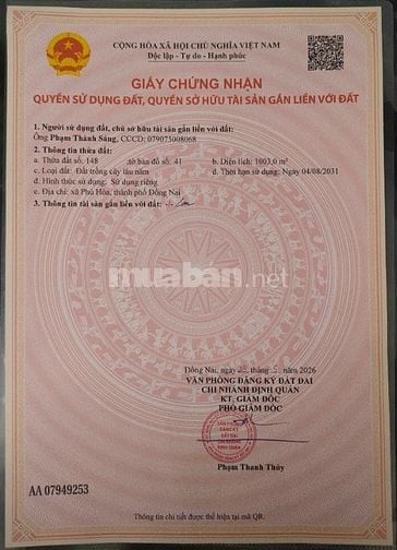 Bán thửa 148 tờ 41 Phú Hoà.550 triệu