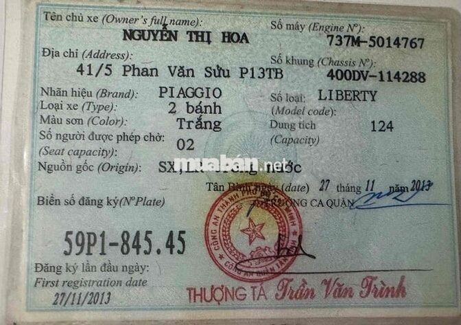 Piaggio Liberty 2013 Trắng biển HCM 845.45