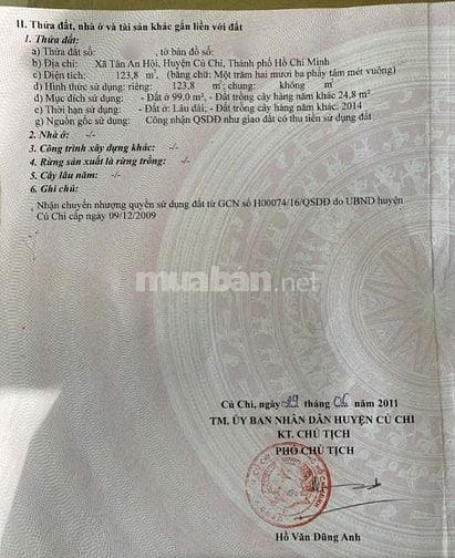 Cần tiền nên bán lô đất đường nhựa 124m2 ở Củ Chi giá 700 triệu