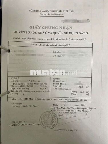 Chính Chủ GỬI Bán Gấp Căn Nhà Hẻm Xe Hơi 32m2 Phú Thọ Hòa Tân Phú 