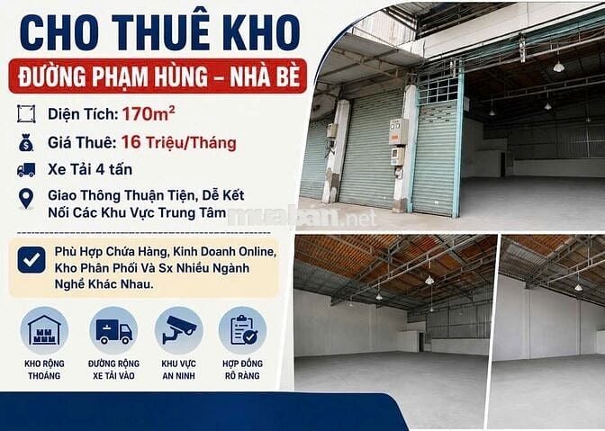 Cho thuê kho đường Phạm Hùng, Nhà Bè – 170m² – giá chỉ 16 triệu/tháng
