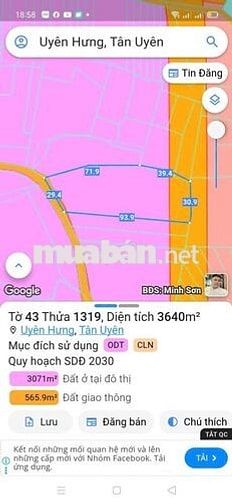 Đất TC TT Tp Tân Uyên, rẻ hơn thị trường 1tr/m2, DT 3640m2