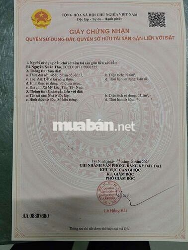 Bán nhà Mỹ Lộc. Long An Cũ. Tây Ninh