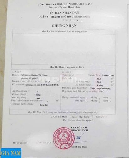 BÁN NHÀ MẶT TIỀN : 112 DƯƠNG TỬ GIANG - P. 15 - Q. 5 - TPHCM