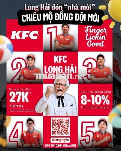 [KFC LONG HẢI mới] TÌM 30 PHỤC VỤ/THU NHÂN/BẾP