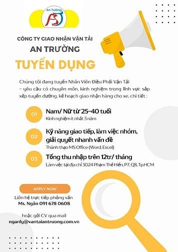 TUYỂN DỤNG GẤP : ĐIỀU PHỐI XE TẢI