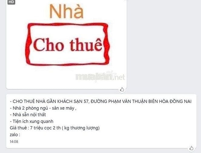 CHO THUÊ NHÀ GẦN KHÁCH SẠN 57 TP BIÊN HOÀ GIÁ 7 TRIỆU