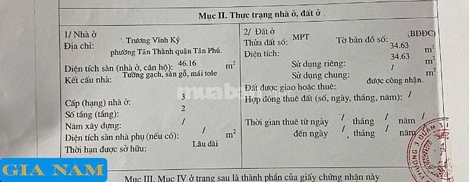 BÁN NHÀ GÓC 2 MẶT TIỀN : 20A TRƯƠNG VĨNH KÝ - P. TÂN THÀNH - Q.TÂN PHÚ