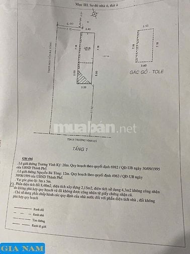 BÁN NHÀ GÓC 2 MẶT TIỀN : 20A TRƯƠNG VĨNH KÝ - P. TÂN THÀNH - Q.TÂN PHÚ