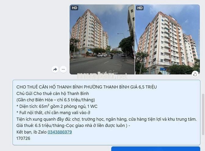 CHO THUÊ CĂN HỘ THANH BÌNH PHƯỜNG THANH BÌNH GIÁ 6,5 TRIỆU