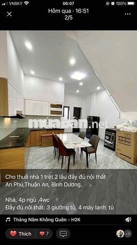 nhà 1 trệt 2 lầu đầy đủ nội thất An Phú,Thuận An,đường 7m đậu ô tô ok
