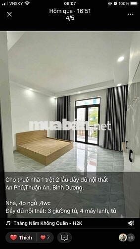 nhà 1 trệt 2 lầu đầy đủ nội thất An Phú,Thuận An,đường 7m đậu ô tô ok
