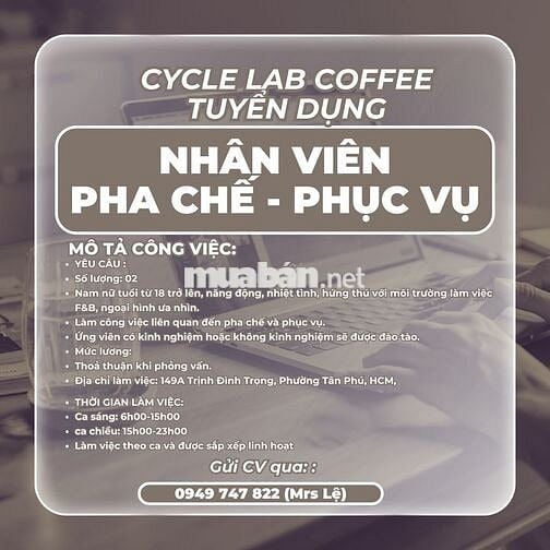 TUYỂN DỤNG  NHÂN VIÊN THU NGÂN – PHA CHẾ – PHỤC VỤ