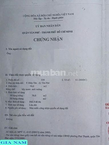 BÁN NHÀ MẶT TIỀN KINH DOANH : 260G - 260H PHAN ANH - P. HIỆP TÂN -Q.TP