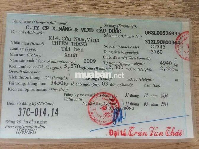 Xe tải thùng Chiến Thắng CT345 2009 Xanh