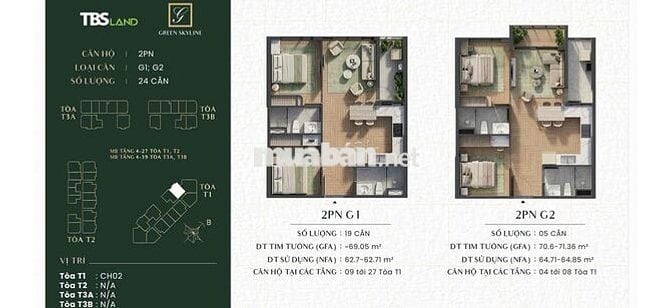 Green Skyline bán 2PN2WC 66m2 view Đông Nam bàn giao full nội thất