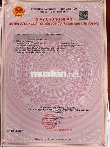Bán đất thổ cư 65m2 đến 108m2 sát bên Bệnh viện đa khoa Diên Khánh
