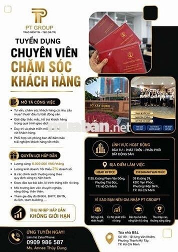 Tuyển nhân viên CSKH lương cứng 8tr/tháng + thưởng