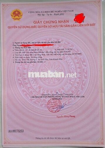 Bán đất thổ cư tại Suối Dầu, Khánh Hòa.