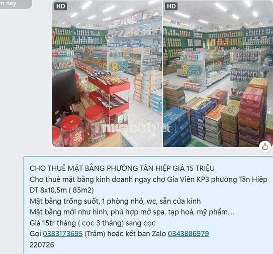 CHO THUÊ MẶT BẰNG PHƯỜNG TÂN HIỆP GIÁ 15 TRIỆU