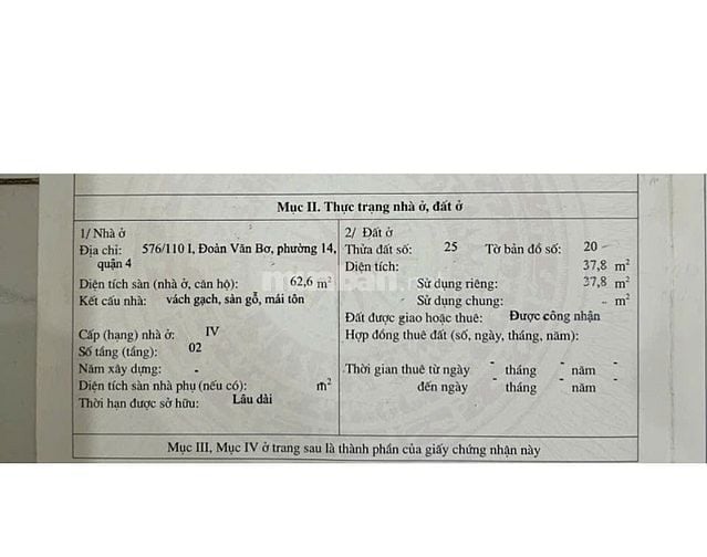BÁN NHÀ HẺM 110 I ĐOÀN VĂN BƠ, PHƯỜNG 14, QUẬN 4, TP.HCM