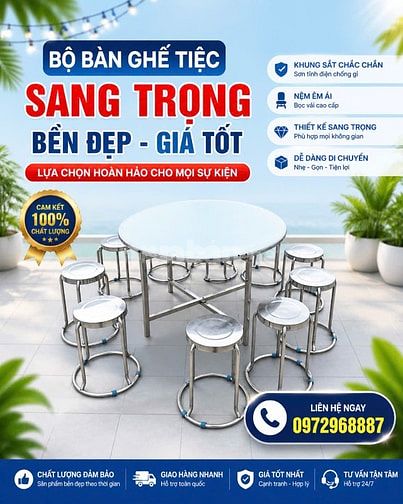 Bàn ghế inox cho thuê đám cưới, bàn tròn inox, ghế inox tròn