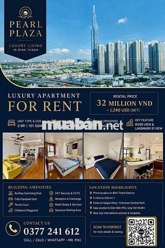 Pearl Plaza 2pn 101m2 | view sông và Landmark | tầng cao | 32 triệu