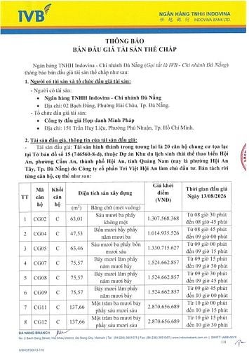 Ngân hàng TNHH Indovina bán đấu giá căn hộ cao cấp tại Đà Nẵng