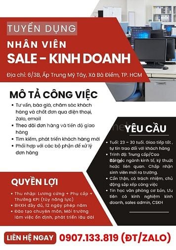 (GẤP) 2 Nhân Viên Sale - Kinh Doanh Tại Bà Điểm