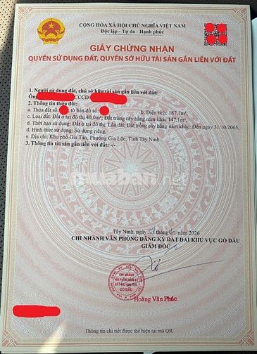 Bán gấp 187m2 MT đường Gia Huỳnh giá 1tỷ350 tại xã Trảng Bàng, Củ Chi,