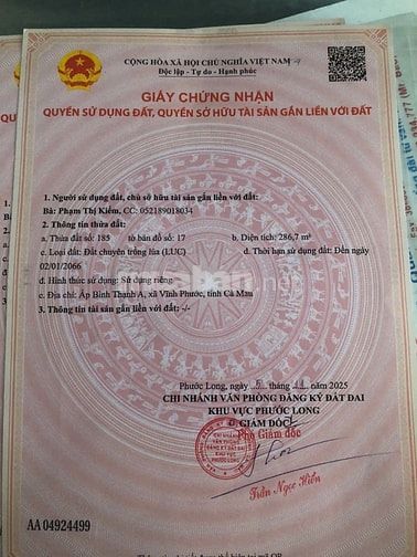 Đất thổ cư. Mặt tiền QL Phụng Hiệp, xã Phước Long, Bạc Liêu