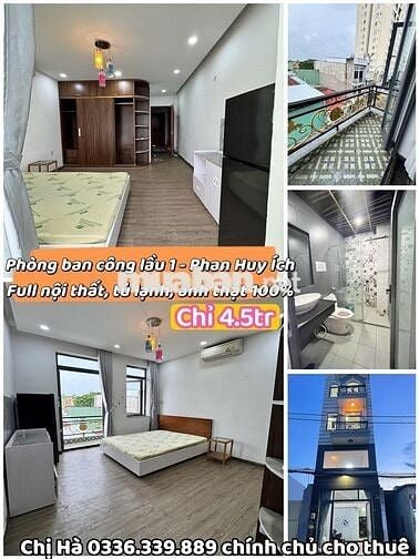 Phòng ban công Phan Huy Ích 40m2 full nt, tủ lạnh, tủ áo to, điện 3.5k