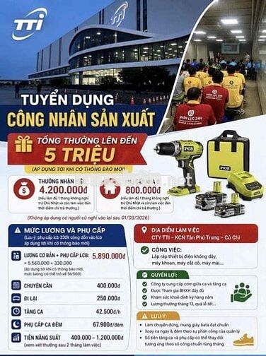 TTi củ chi , lương 14 triệu , kcn Tân Phú Trung